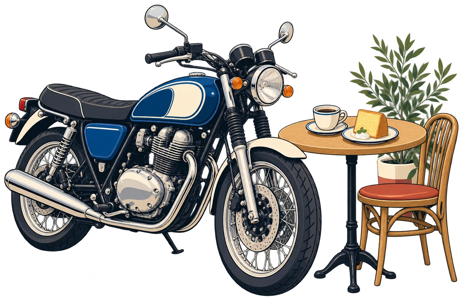 バイクと、コーヒーとケーキのあるテーブルのイラスト